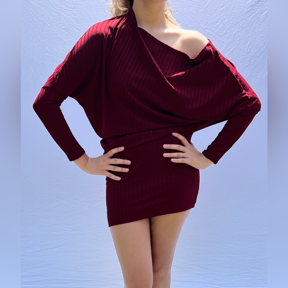 Asymmetric, long-sleeve dress